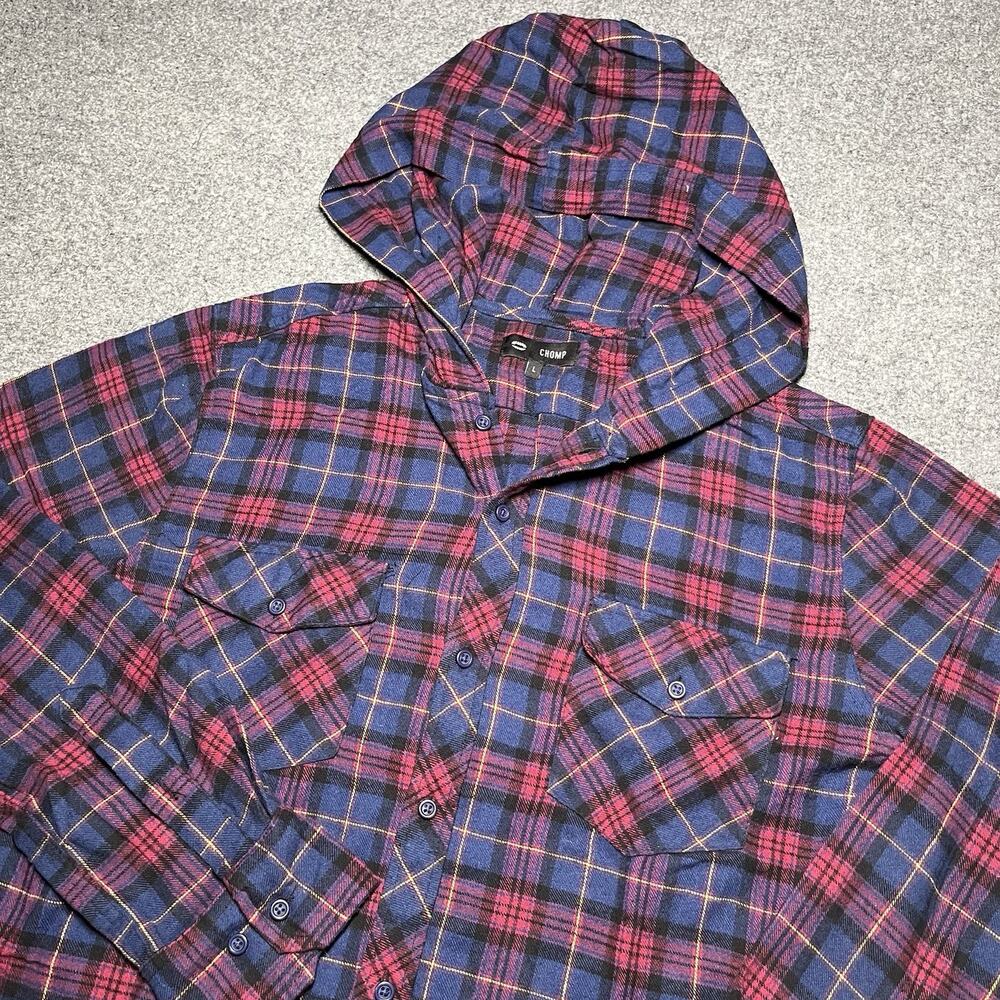 Chomp Hoodie Mens Large Plaid Button Up Flannel Shirt Pockets Cotton Outdoor
